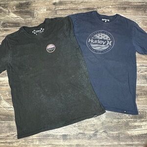 Hurley T Shirt Bundle L Blue Logo + Black Graphic Faded Surf Tee